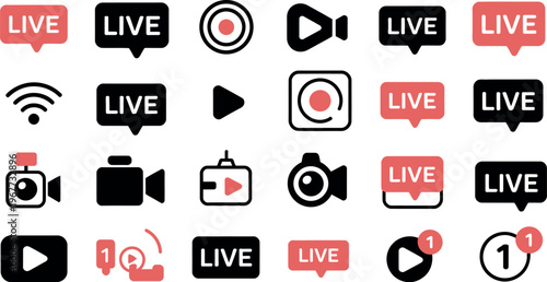 Streaming icon collection with live broadcast, video playback, recording and wireless signal symbols for digital content creation illustration