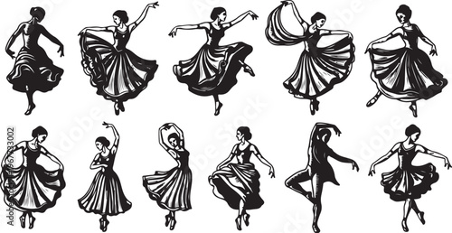 Vector illustration of various dancing women in black and white