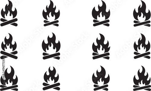 Black campfire icons on white background seamless pattern design