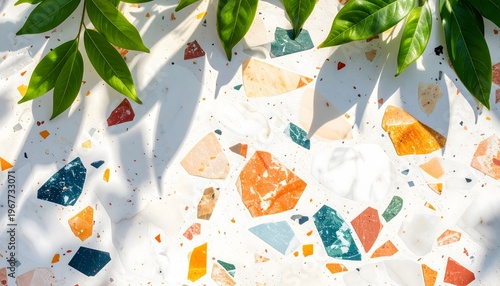 White terrazzo floor background with colorful stone fragments, green leaves, and natural sunlight shadows.