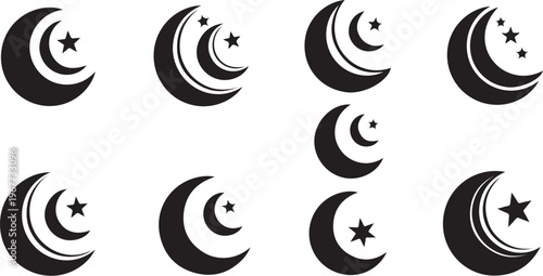 Black and white crescent moon and star design elements