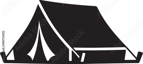 Black and white illustration of a camping tent outdoors