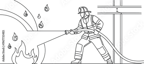 Firefighter in protective uniform using water hose to extinguish dangerous flames in a continuous line art style.