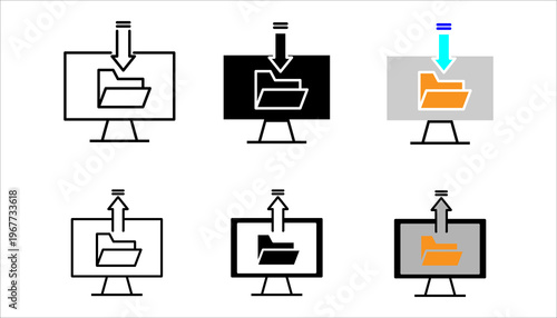 Set of presentation board icons with upload arrows in line, solid, and colored styles representing file upload, presentation sharing, and digital content management.