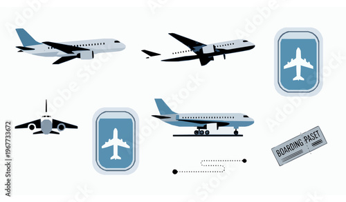 Airplane vector set with flight jet takeoff landing and travel aviation elements