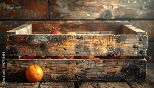 Rustic wooden crate with fresh oranges on a dark weathered wood background in a vintage style.
