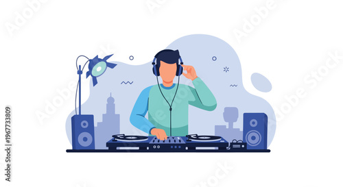 Men DJ Playing Music at Club Party Mixing Tracks with Headphone on Turntable Disc Jokey Vector Illustration