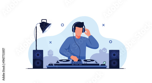 Boys DJ Playing Music at Club Party Mixing Tracks with Headphone on Turntable Disc Jokey Vector Illustration