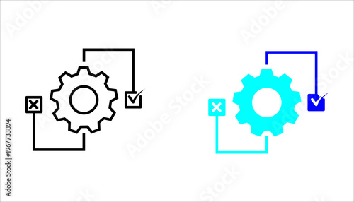Outline icon SET. illustration of gear with checkmark and cross symbols representing workflow approval, process validation, and task management.