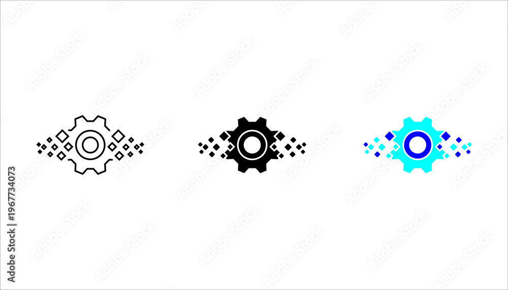 Obraz premium Minimal outline icon SET. of gear with digital pixel elements representing data processing, automation, system integration, and technology workflow.