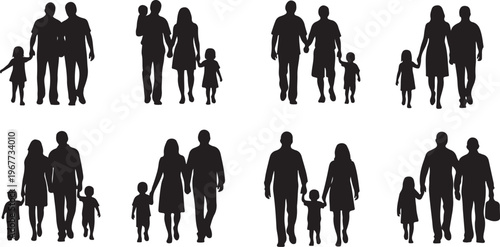 Silhouettes of happy families with children walking together outdoors