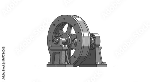 Industrial Flywheel Mechanism with Shaft and Bearings, Gray Scale
