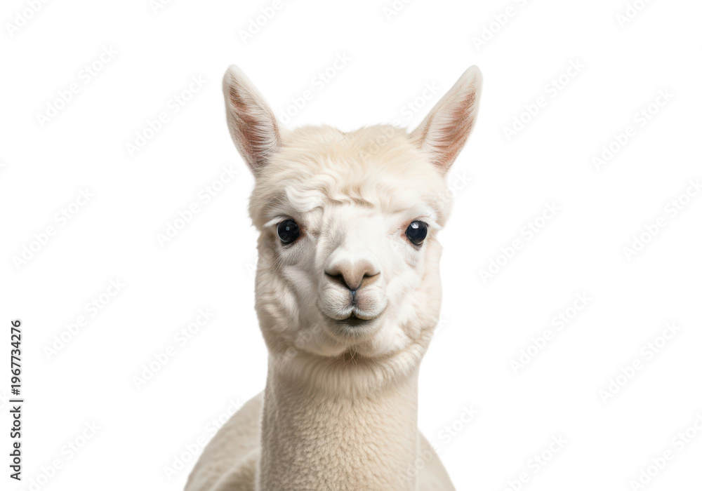 Naklejka premium Portrait of a cute white alpaca isolated on transparent background