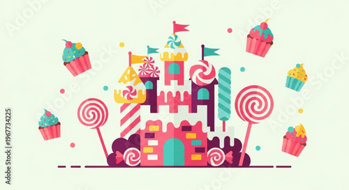 Colorful candy castle with cupcakes and lollipops on white background sweet treats and desserts for kids