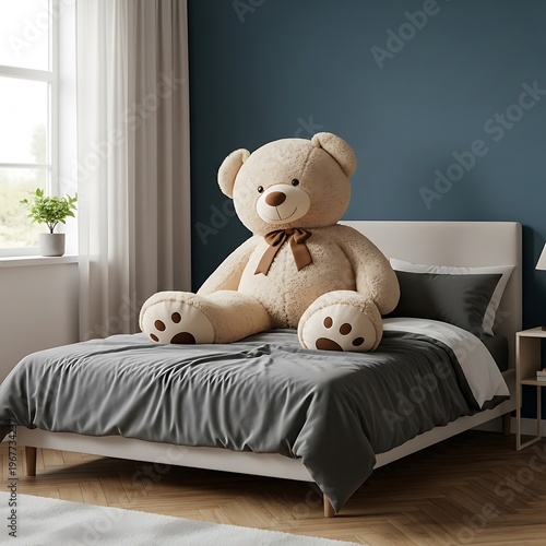 Giant Teddy Bear on Bed - Cozy Comfort and Childhood Dreams.