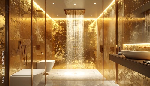 Modern luxury bathroom with gold accents, rain shower, and minimalist design