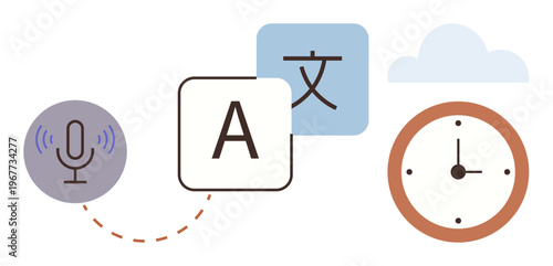 Language learning, translation tools, voice recognition, real-time communication, globalization, time management. Voice icon, text boxes clock and cloud. Language learning and translation tools