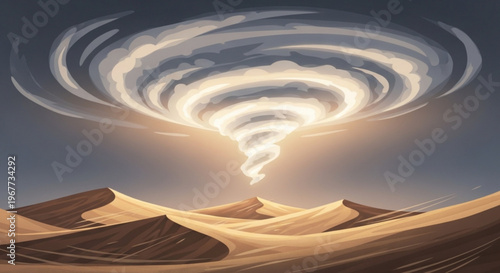 Massive tornado forms over desert sand dunes at sunset swirling storm clouds and sand