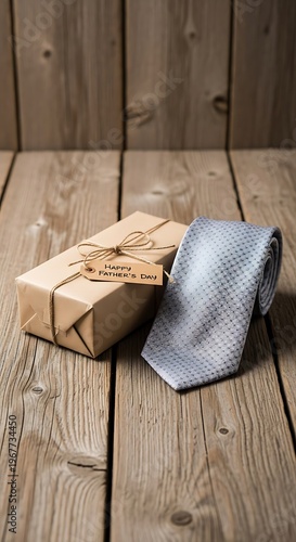 Gift and Tie on Wooden Surface - A Thoughtful Present.