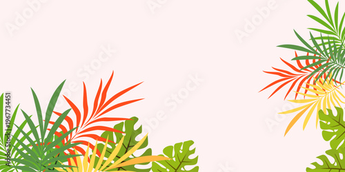 Leaves background with summer fun design concept, abstract illustration with exotic jungle leaves, colorful design, summer background, tropical leaves.Tropical leaf background, palm leaves.