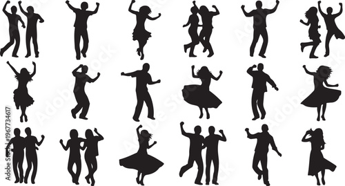 Silhouettes of people dancing in various poses and styles