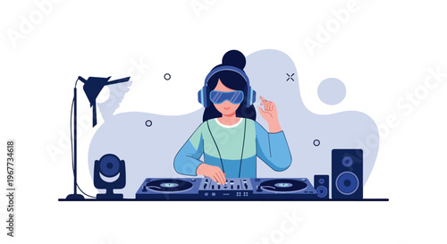 DJ Music at Club Party Mixing Tracks with Headphone on Turntable Disc Jokey Vector Illustration