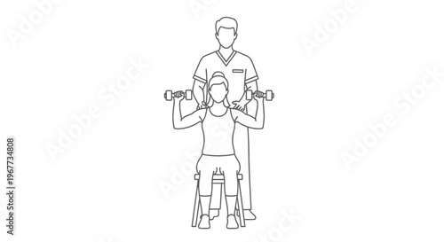 Female patient doing seated dumbbell press with therapist