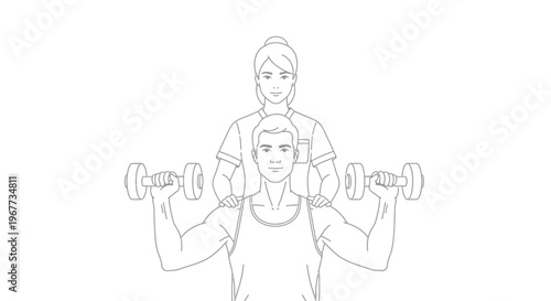 Male patient doing dumbbell shoulder press with therapist