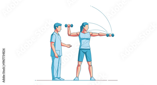 Therapist observing woman doing dumbbell lateral raise exercise