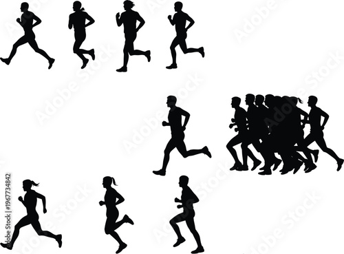 Running people silhouettes collection, marathon runners group and individual joggers vector illustration, fitness training, active lifestyle, sports activity isolated on white background