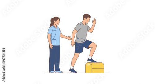 Man doing step up exercise with physical therapist assistance