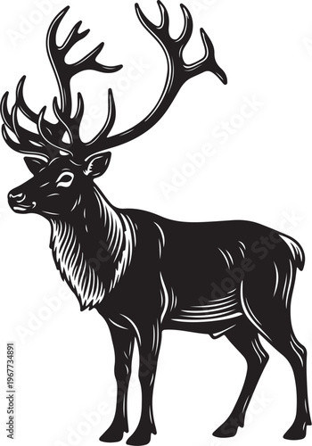 Majestic Reindeer with Large Antlers Standing Alone Silhouette Illustration