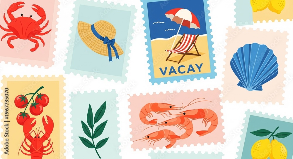 Obraz premium Summer Vacation Postcard Collection Vector Illustration, Tropical Beach and Seafood Theme Graphics for Travel and Leisure Design