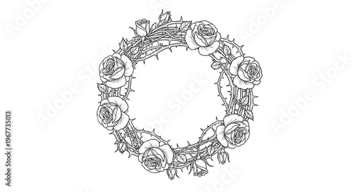 A floral wreath made of roses and thorns.