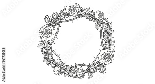a circular floral wreath with roses and leaves.