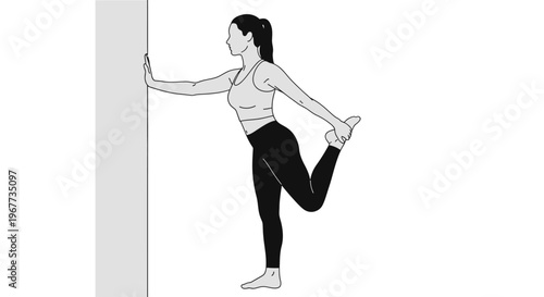 Woman leaning on wall stretching quadriceps for warm up exercise