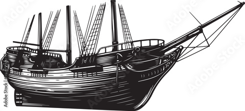 Vintage Sailing Ship Illustration in Black and White Colors
