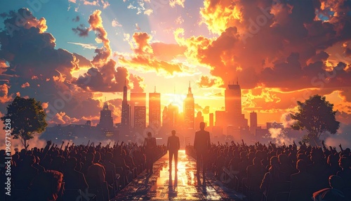 A cityscape silhouetted against a blazing sunset sky with a large crowd below