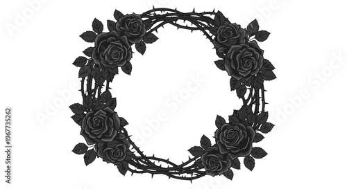 Black floral wreath with roses and thorns.