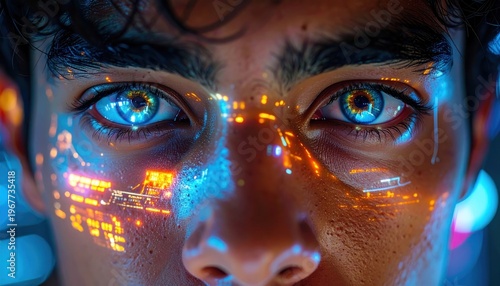 Close-up of eyes with data overlay; intense gaze; neon orange and blue colors