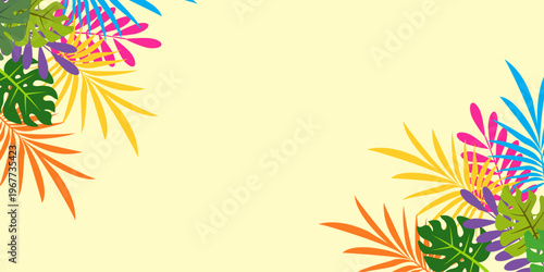 Leaves background with summer fun design concept, abstract illustration with exotic jungle leaves, colorful design, summer background, tropical leaves.Tropical leaf background, palm leaves.