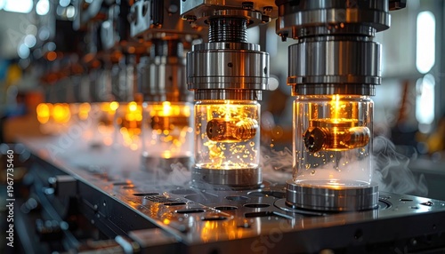 Automated industrial process, heated components within glass, with condensation and machinery in line