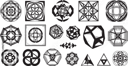 Geometric shapes and symbols in black and white designs