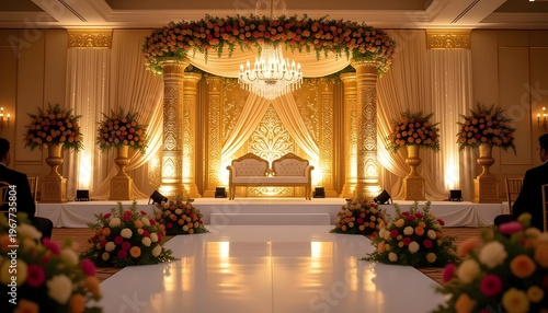 Regal indian wedding stage decoration with golden richness
