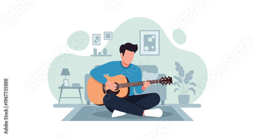 Picking Acoustic Guitar Sitting in Living Room Home Music Practice Vector Illustration