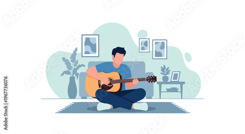 Fingering Acoustic Guitar Sitting in Living Room Home Music Practice Vector Illustration