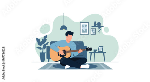 Play Acoustic Guitar Sitting in Living Room Home Music Practice Vector Illustration