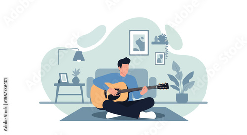 Practice Acoustic Guitar Sitting in Living Room Home Music Practice Vector Illustration