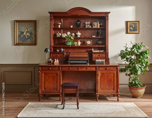 Ornate antique wooden desk with hutch and decor in a classically styled room