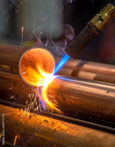 Industrial metal cutting with blowtorch flame.